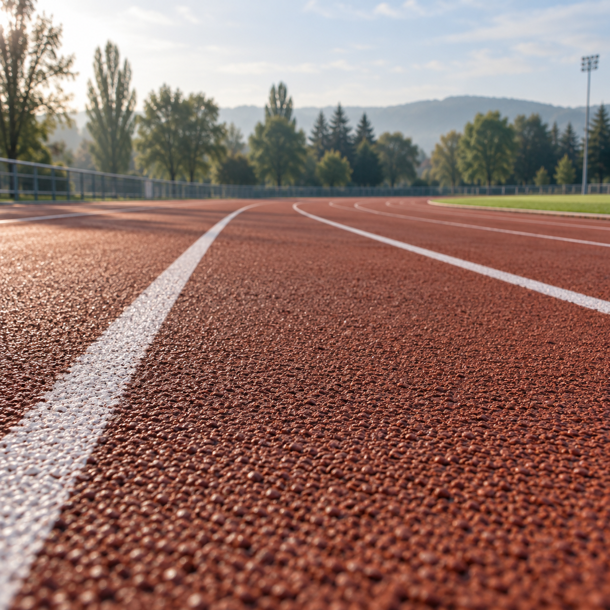 Liniile unei piste de atletism, în lumina dimineții